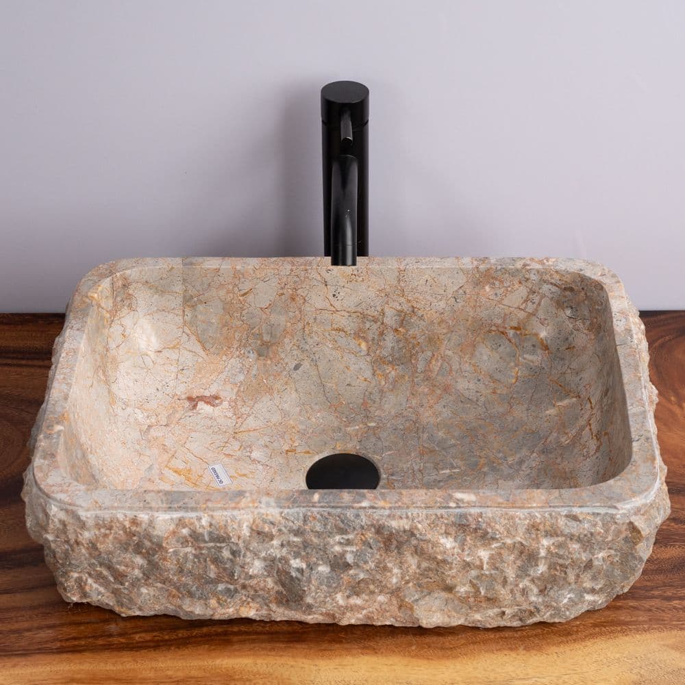 Rectangular Stone Sink with Raw Chiseled Exterior - 1 - Gray With Golden Veining