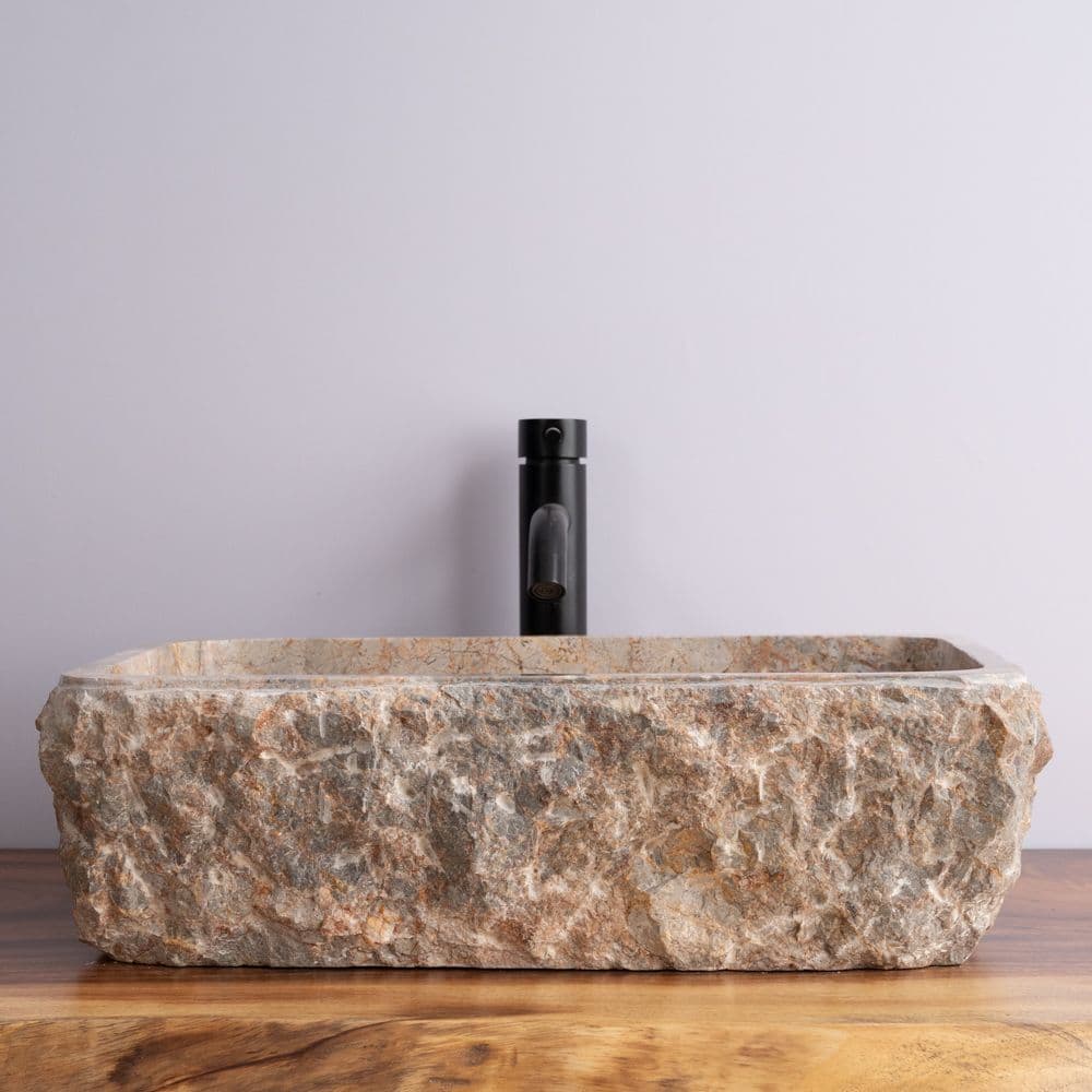Rectangular Stone Sink with Raw Chiseled Exterior - 1 - Gray With Golden Veining