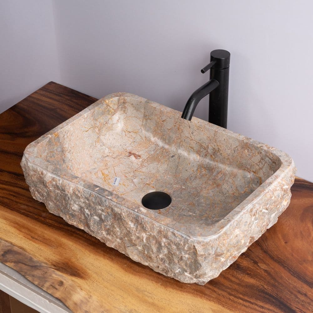 Rectangular Stone Sink with Raw Chiseled Exterior - 1 - Gray With Golden Veining