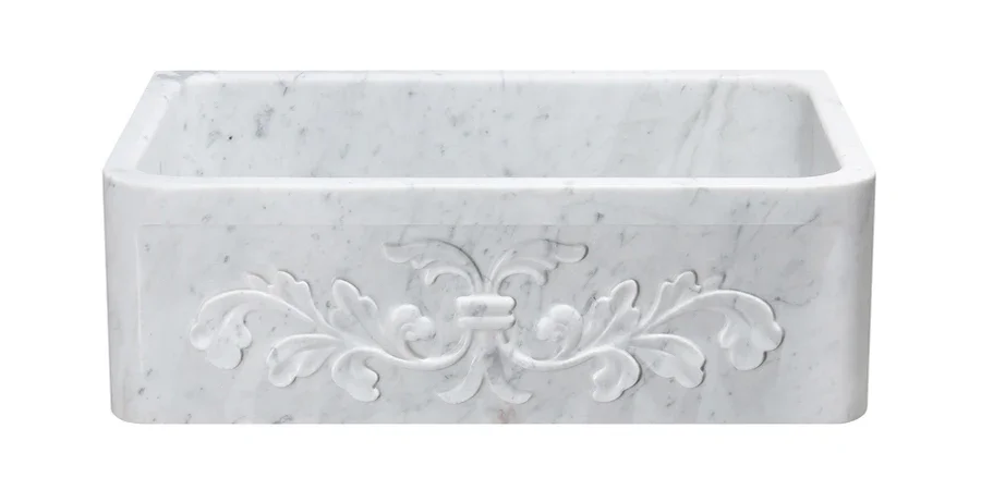 30″ White Carrara Marble Floral Apron Farmhouse Sink