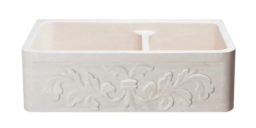 33″ Travertine 60/40 Farmhouse Sink with Floral Carved Front