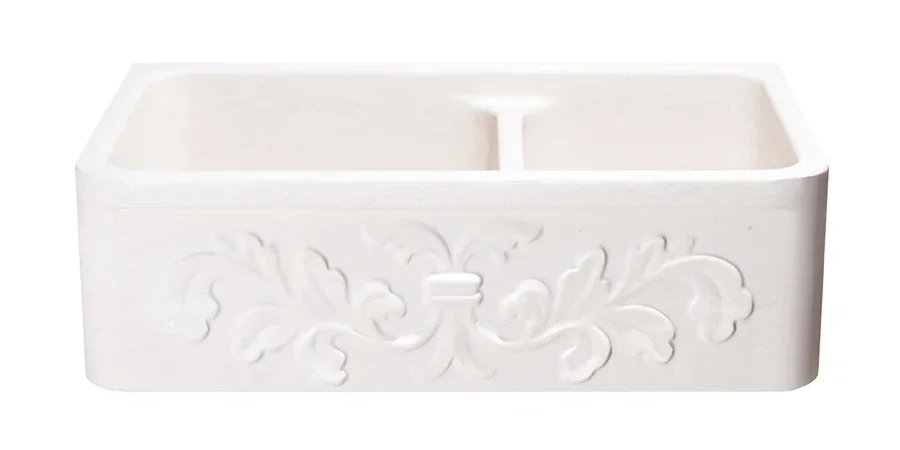 33″ Limestone Floral Apron Front 60/40 Split Farmhouse Sink