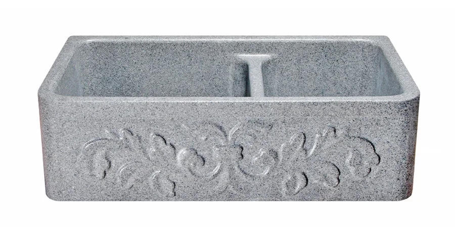 33″ Mercury Granite 60/40 Farmhouse Sink with Floral Carved Front