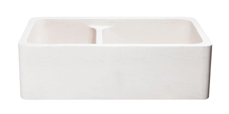33″ Crema Limestone Apron Front 60/40 Split Farmhouse Sink