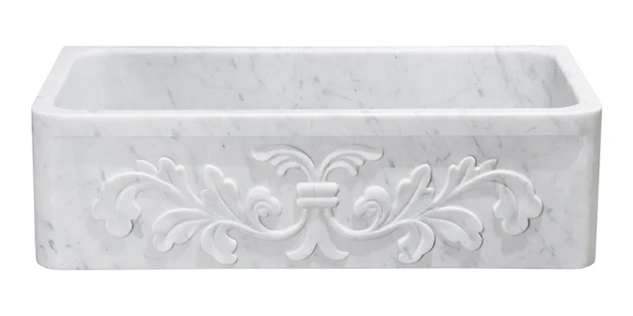 36″ White Carrara Marble Floral Front Farmhouse Sink