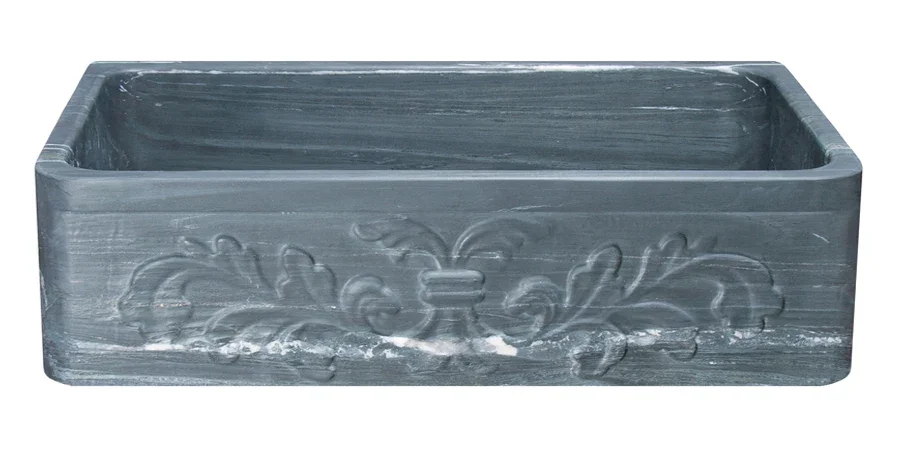36″ Farmhouse Charcoal Soapstone Single Bowl Kitchen Sink with Floral Carving Front