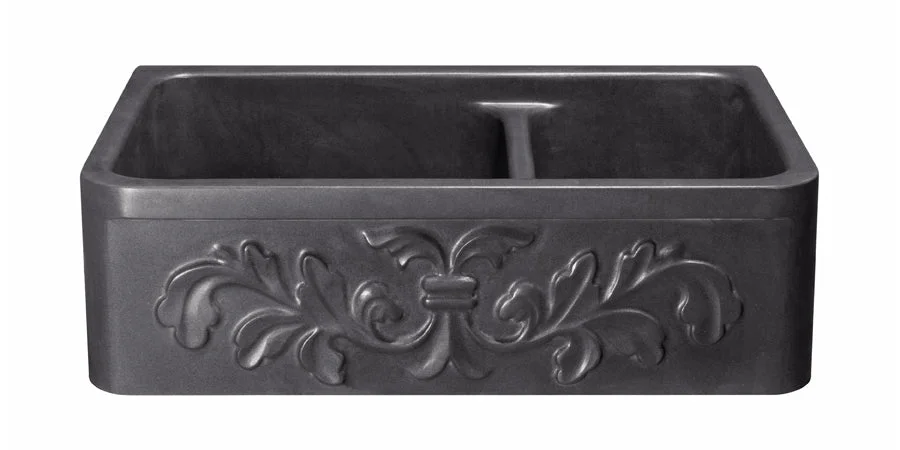 33″ Black Granite Stone Carved Apron Sink 60/40 Split Bowls
