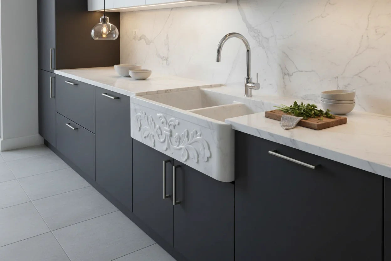 36″ White Carrara Marble Floral Carved Front Farmhouse Sink 60/40 Bowl