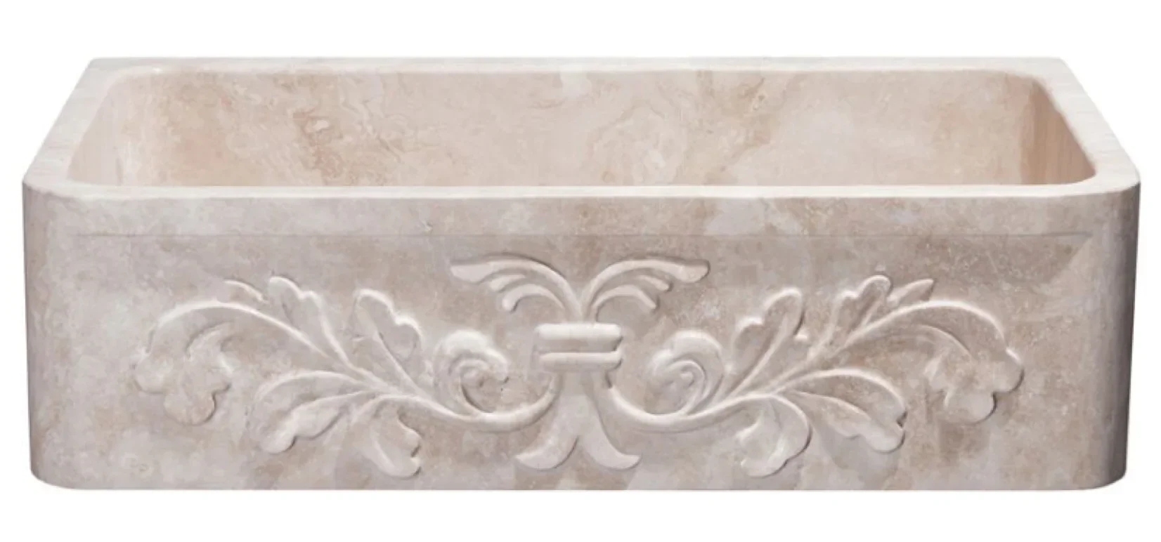 36″ Travertine Stone Farmhouse Sink with Floral Carved Front