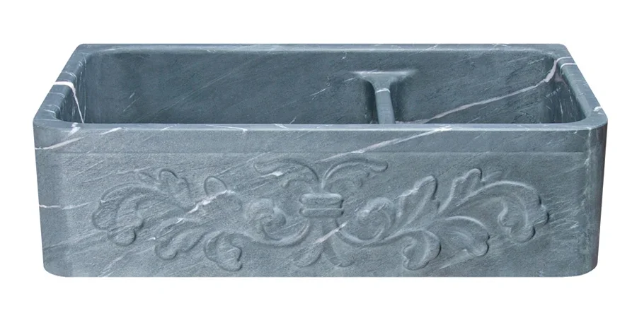 36″ Farmhouse Charcoal Soapstone 60/40 Bowl Kitchen Sink with Floral Carving Front
