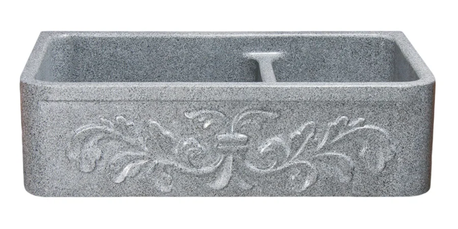 36″Grey Granite 60/40 Farmhouse Sink with Floral Carving Front