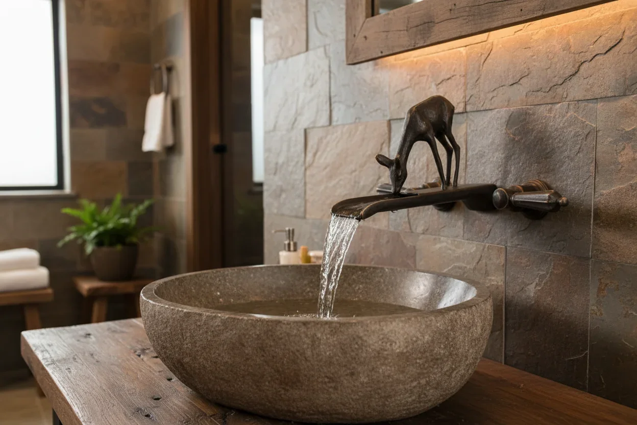 River Rock Boulder Natural Stone Sink – Polished Bowl with Chiseled Exterior